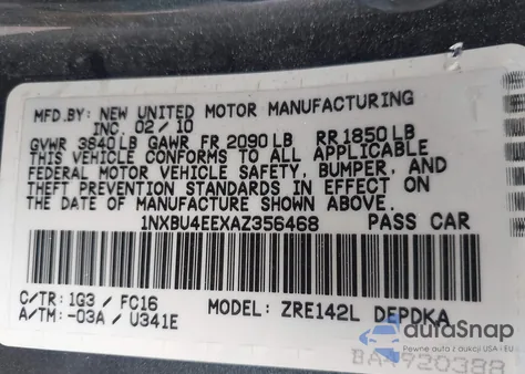 2010 Toyota Corolla S/Le/Xle z USA, uszkodzony, nr VIN 1NXBU4EEXAZ356468